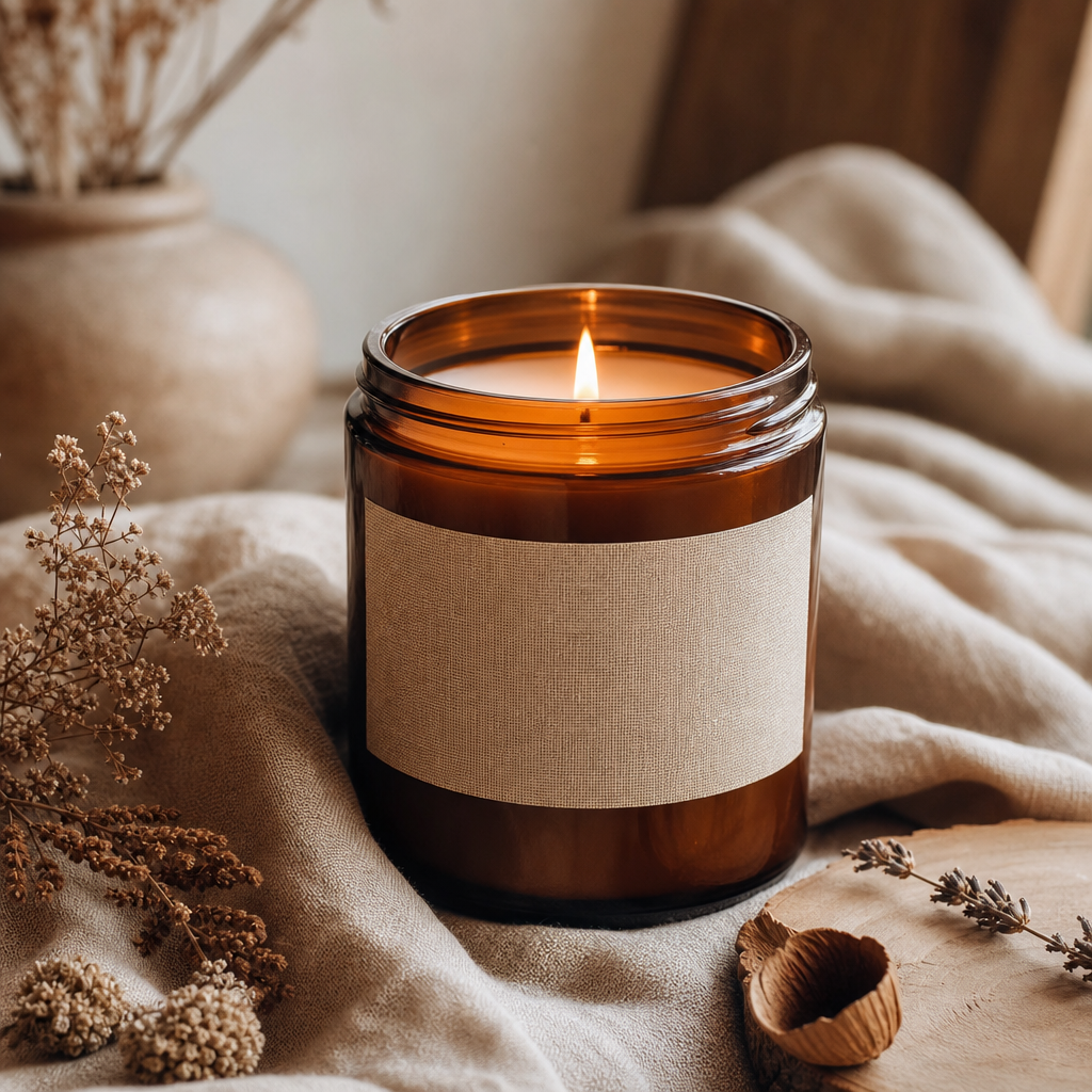 Hand-poured amber glass candle with a linen label and soft flame, resting on a natural linen cloth with dried botanicals.