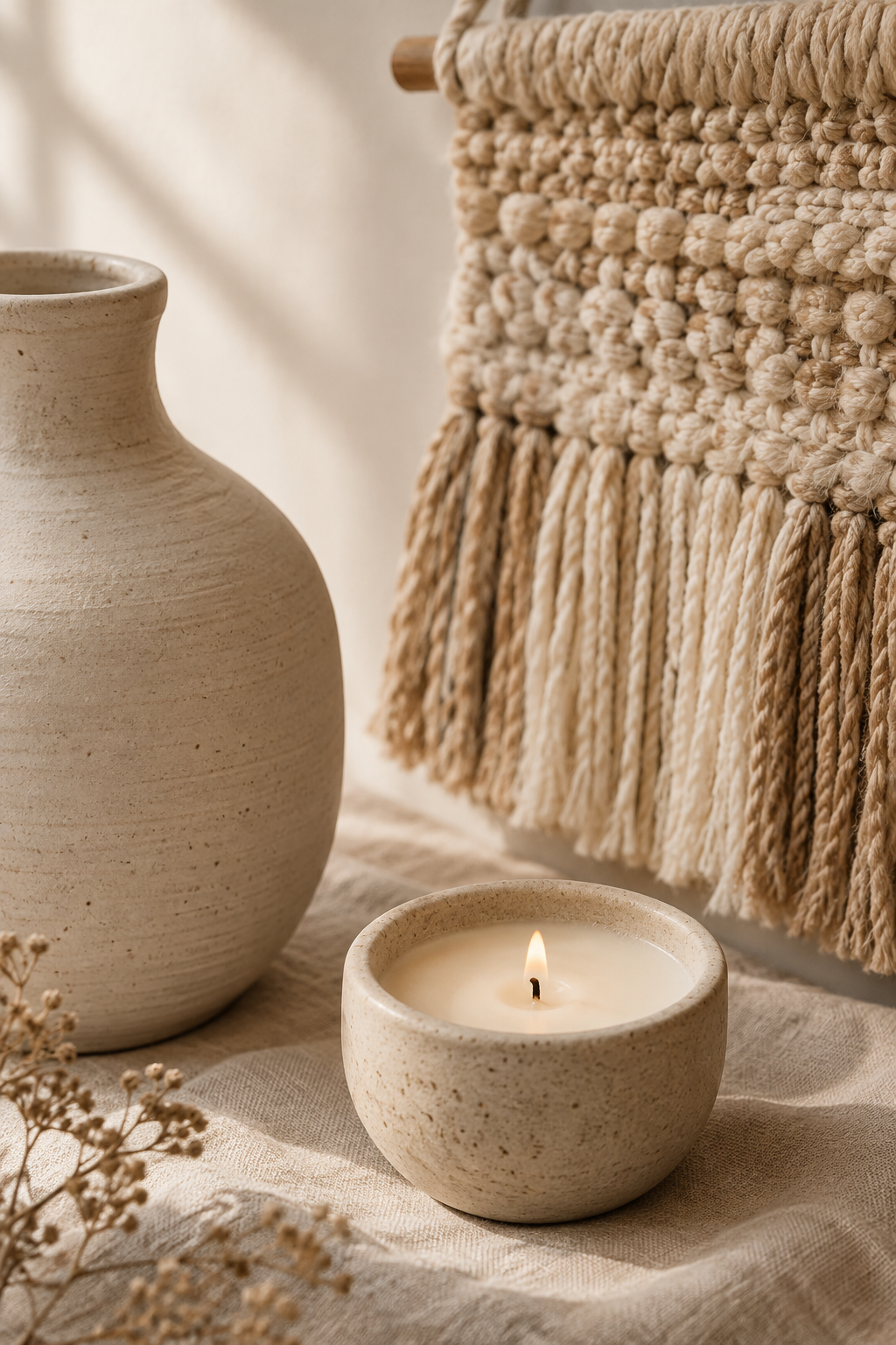 Close-up of handmade decor textures with woven cotton fibers, matte ceramic surface, and soft linen in warm natural window light