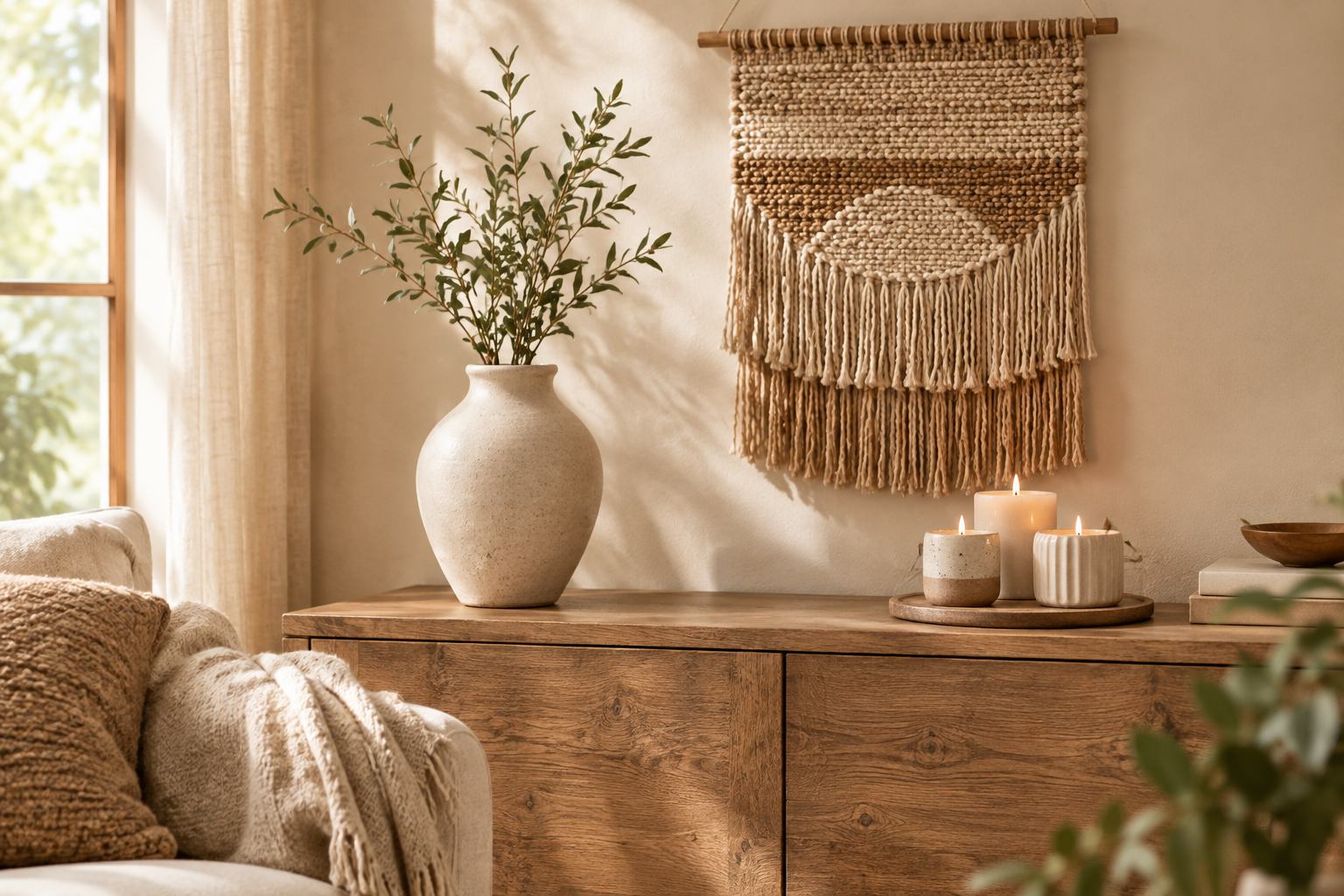 Warm handmade home decor scene with a ceramic vase, woven wall hanging, and candles in a calm natural-toned living space