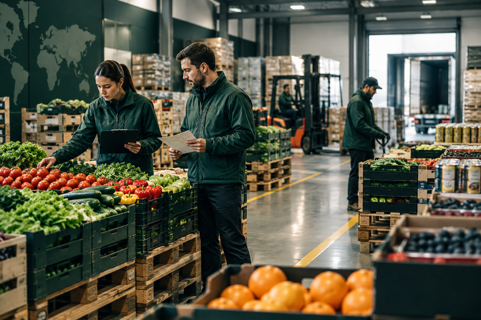 Professionelle internationale Lebensmittel-Logistik mit frischem Obst und Gemüse auf Paletten in einem modernen Umschlaglager