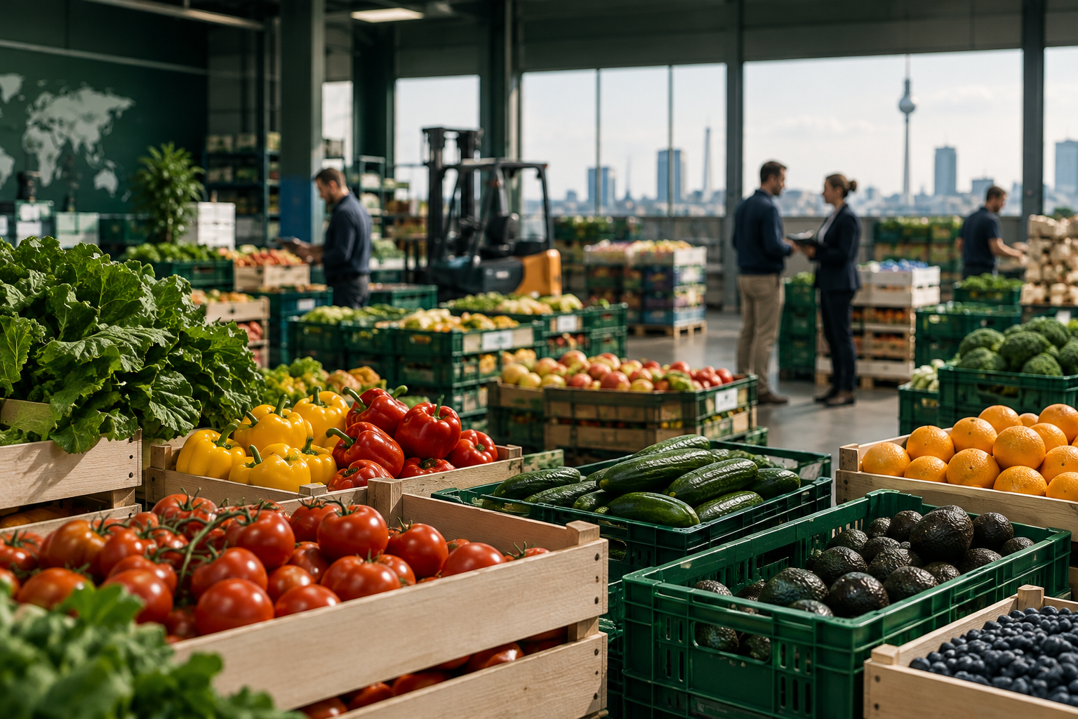 Ordentlich organisierte Handelsfläche mit frischem Obst und Gemüse in professioneller Großmarktumgebung