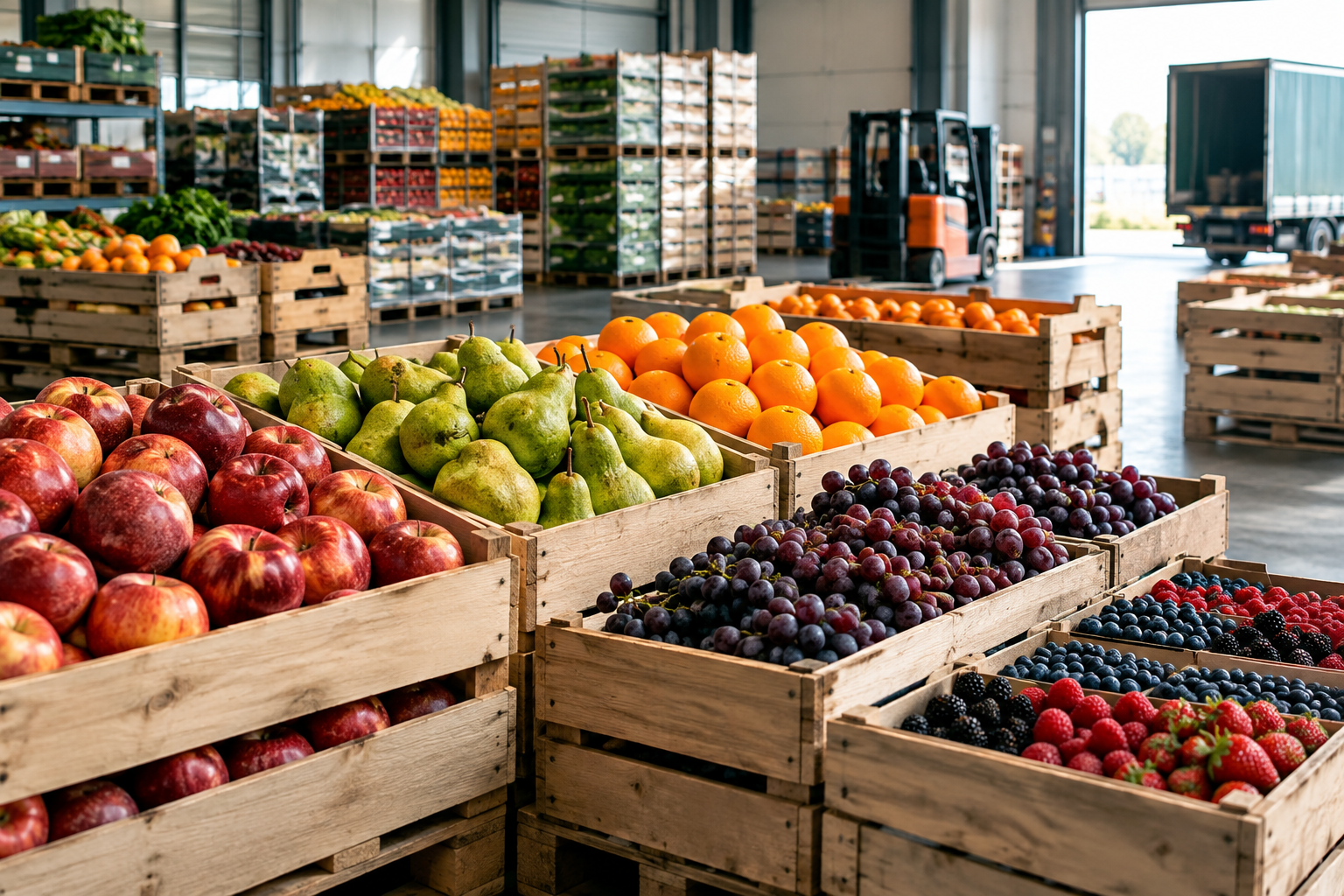 Frisches Obst in sortierten Transportkisten mit Äpfeln, Zitrusfrüchten, Trauben und Beeren in professioneller Lagerumgebung