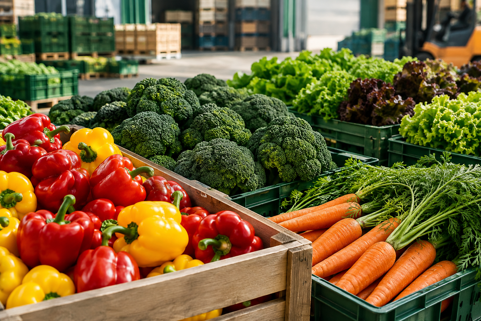 Frisches Gemüse wie Paprika, Brokkoli, Karotten und Blattgemüse auf sortierten Frischekisten