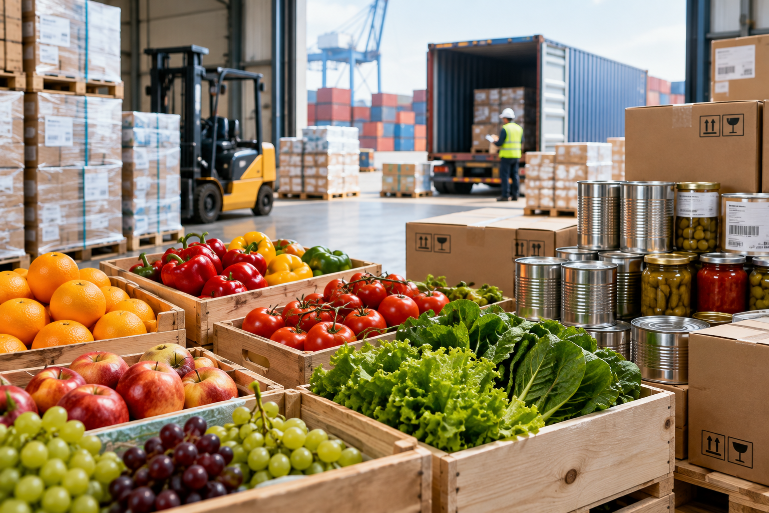Professionelle B2B-Handelsszene mit frischem Obst, frischem Gemüse und konservierten Lebensmitteln in einer internationalen Logistikumgebung