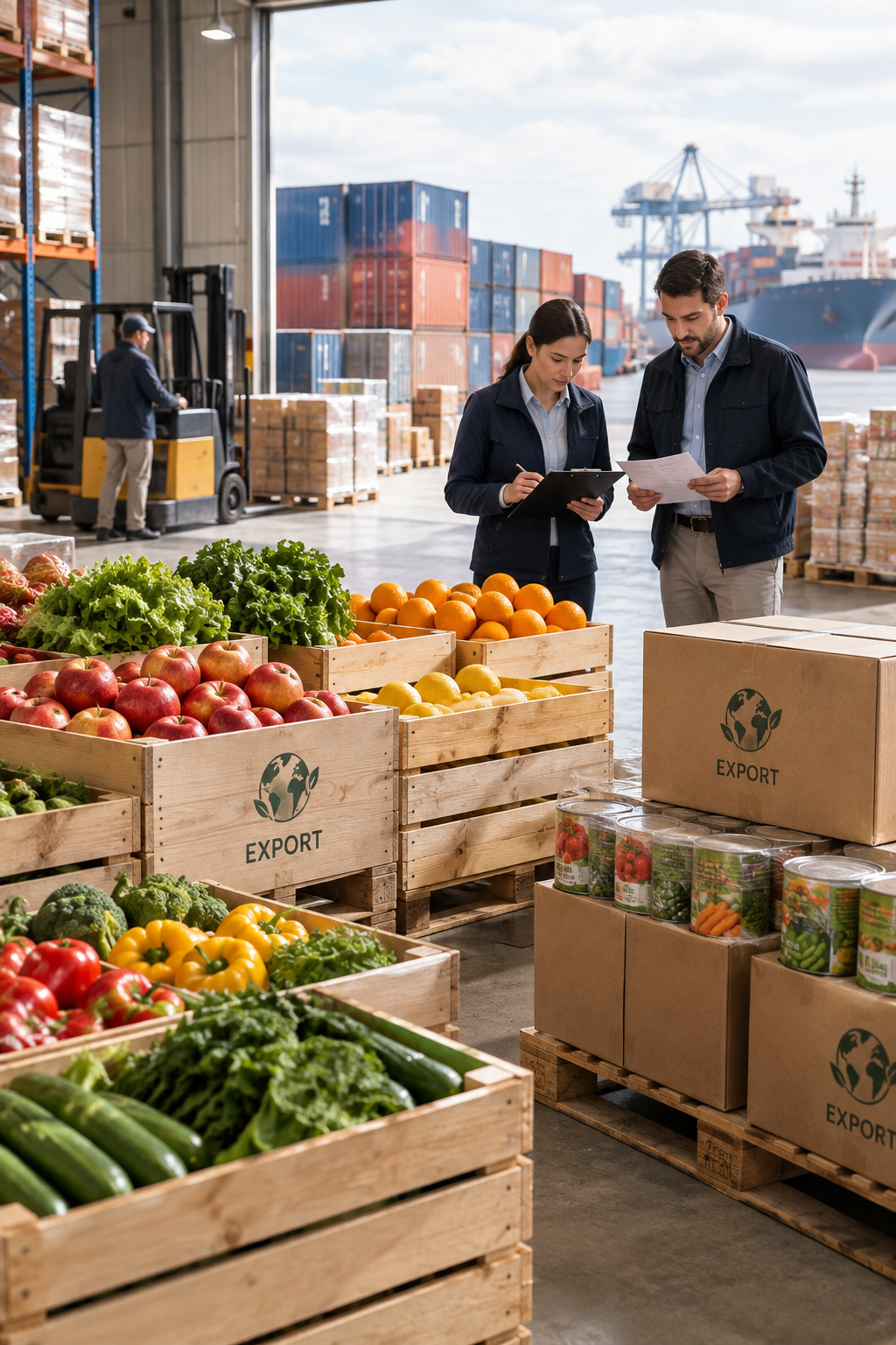 Ordentliches internationales Lebensmittel-Logistikzentrum mit Paletten frischer Produkte, Containern und professioneller Qualitätskontrolle