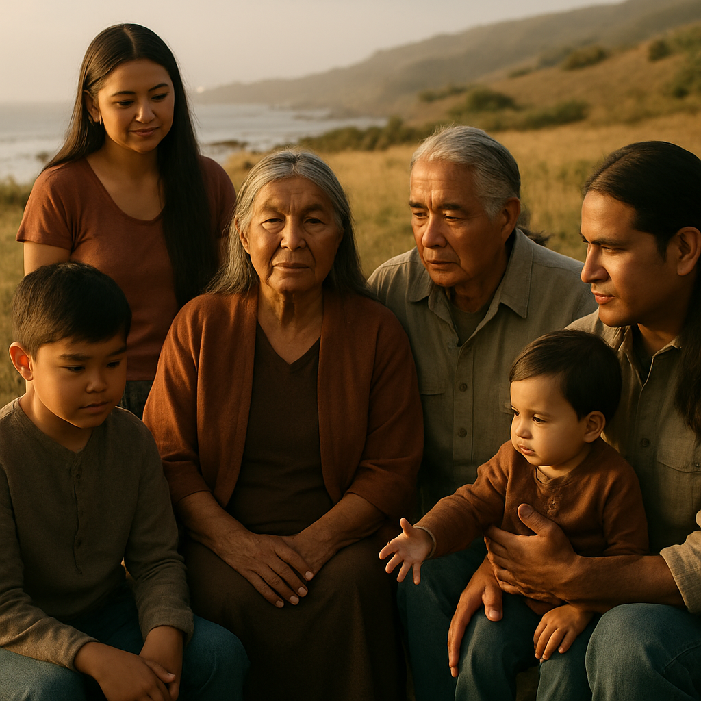 Intergenerational Native community gathering in a California coastal meadow with elders, youth, and leaders standing together in warm afternoon light