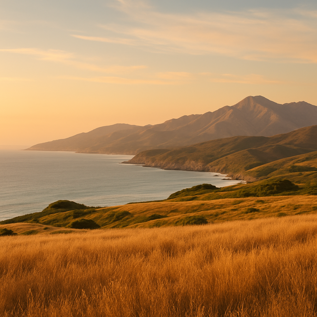 Panoramic view of California coastal hills with golden grasses, distant blue mountains, and a calm sky at sunrise