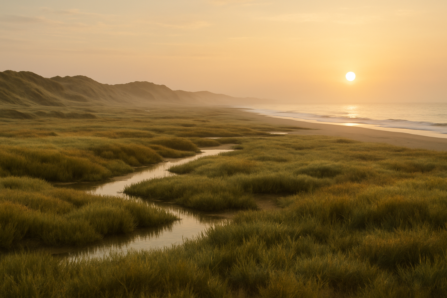 Wide coastal marsh with misty shoreline, saltgrass and low dunes, soft sunrise light over the Pacific