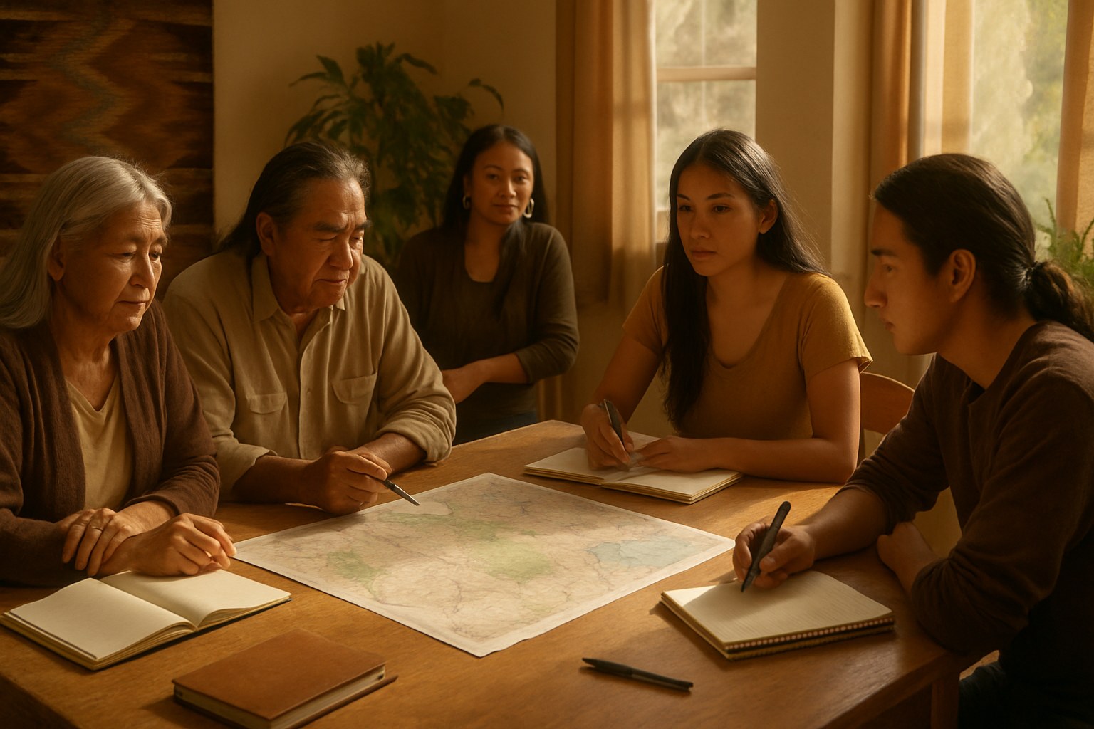 Documentary-style community planning gathering with Native leaders and families reviewing maps and notes at a shared table in a warm, sunlit community space