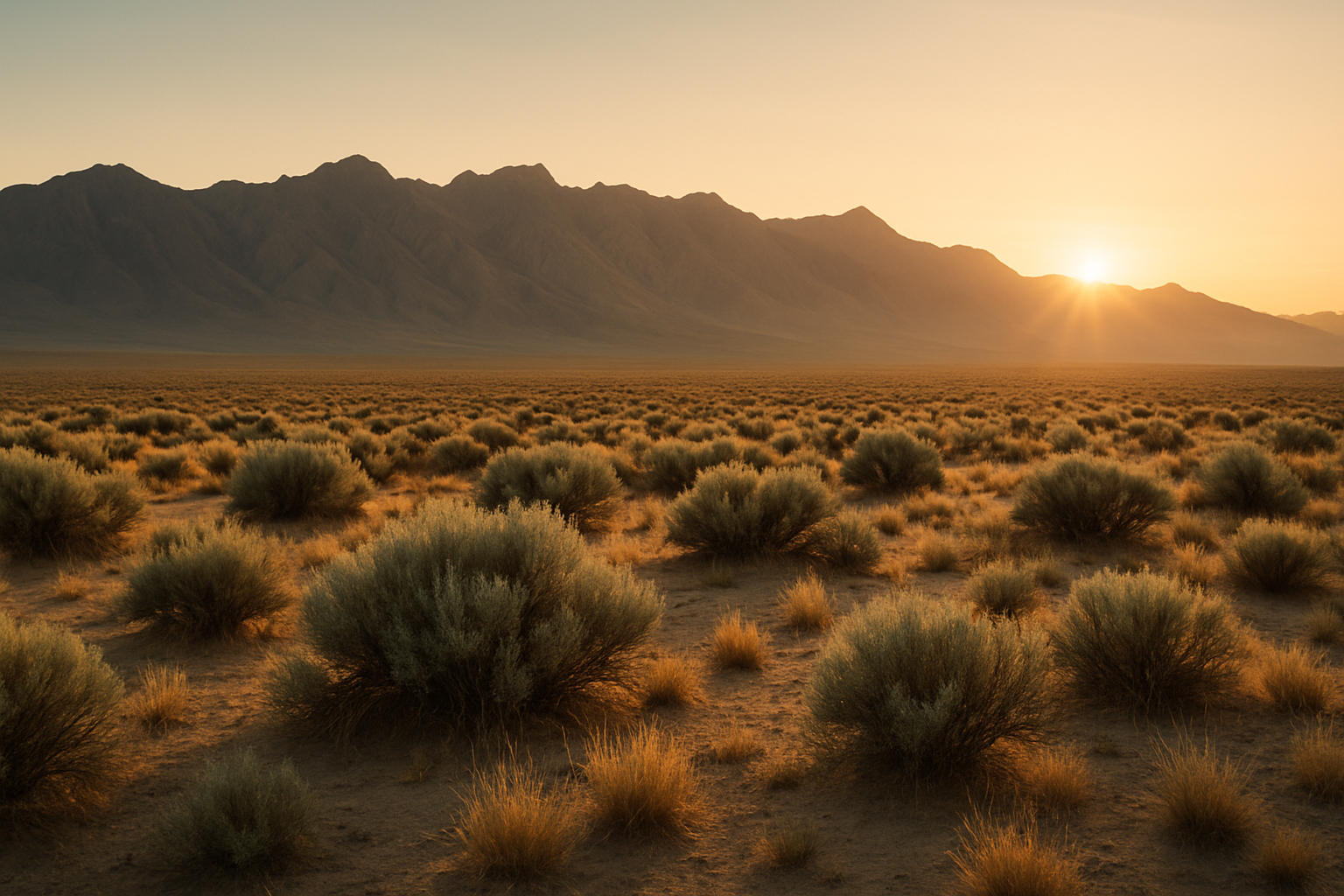 High desert basin with sagebrush, rugged mountains, and warm golden light under a clear sky