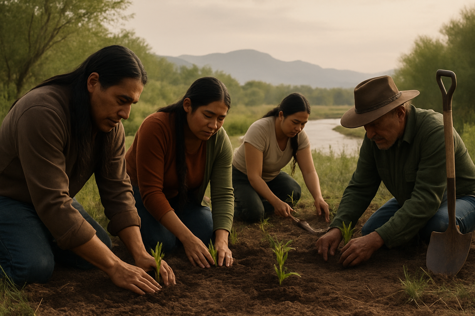 Outdoor land stewardship workshop with Native volunteers planting seedlings near a riverbank, earthy tones, soft morning light, mountains in the distance