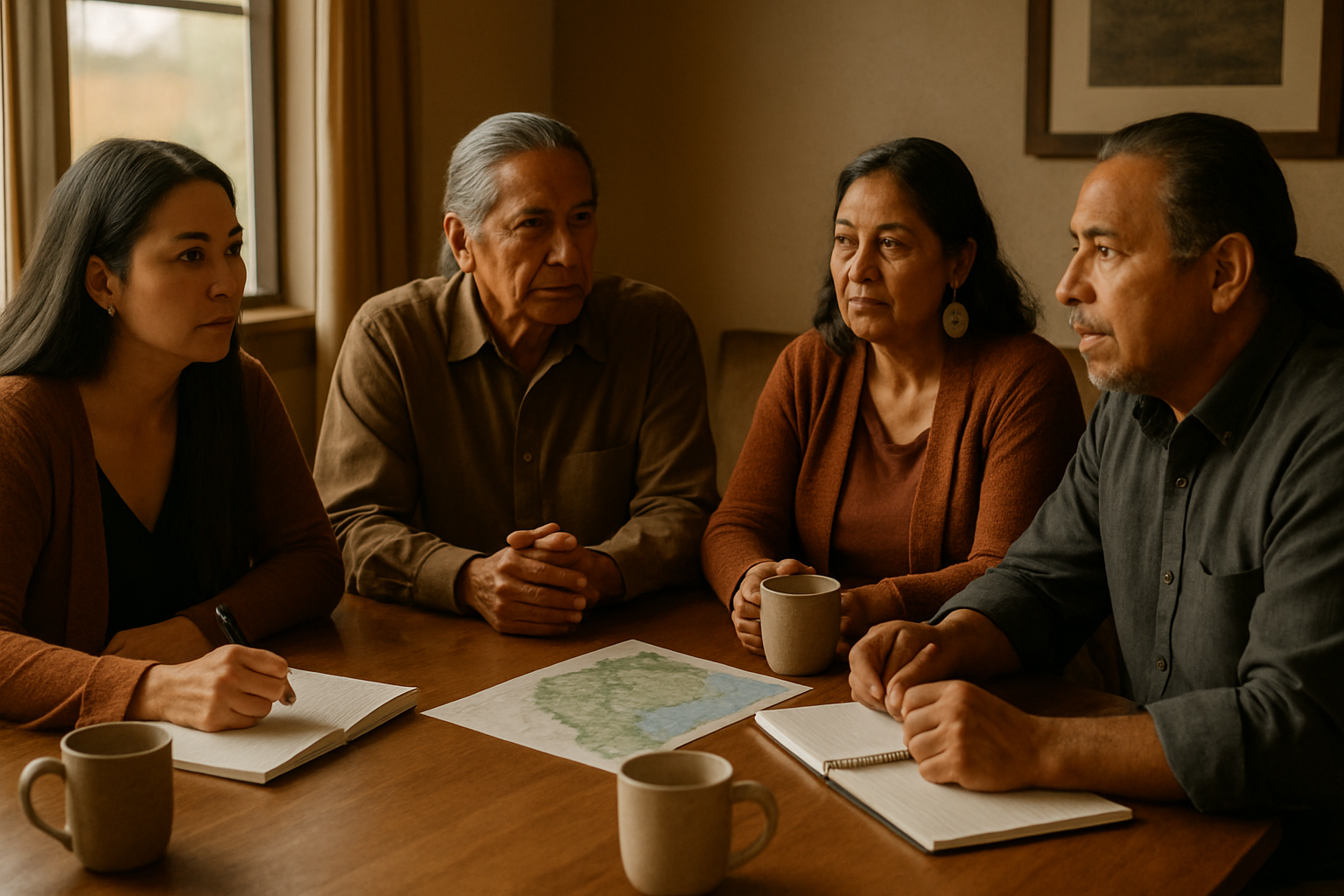 Small circle discussion with Native community leaders and grant partners seated around a table with notebooks and tea, warm window light, calm and respectful atmosphere