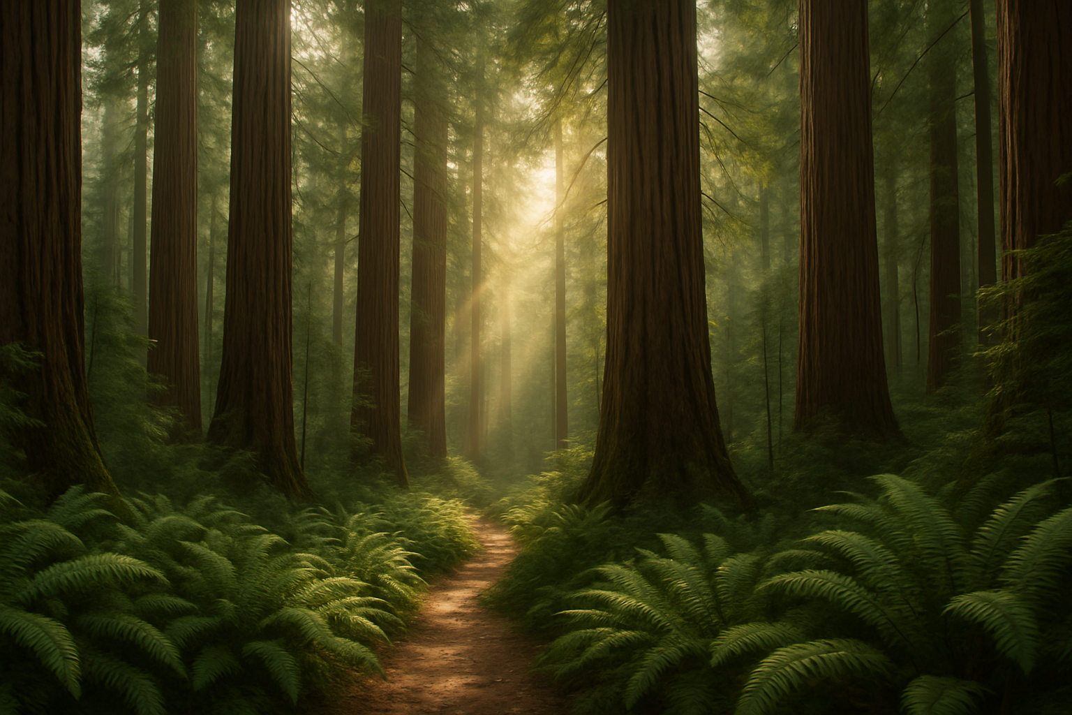 Dense northern California timber forest with tall redwoods, dappled light, and a fern-lined trail
