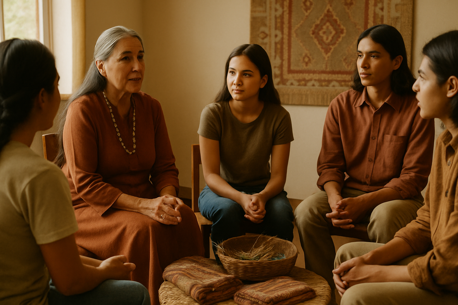 Intergenerational learning circle with Native youth and elders sharing cultural teachings in a community room with woven textiles and soft natural light