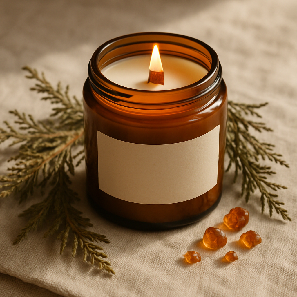 Amber glass soy candle with a wooden wick on a linen cloth beside dried botanicals