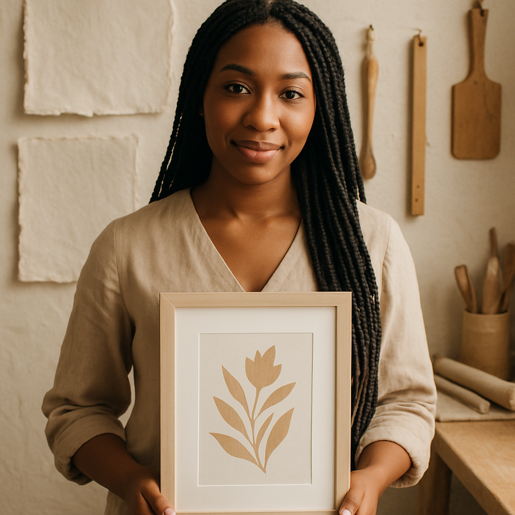 Portrait of a woman with long black braids wearing a soft beige blouse, holding a framed art print in a bright studio with paper textures