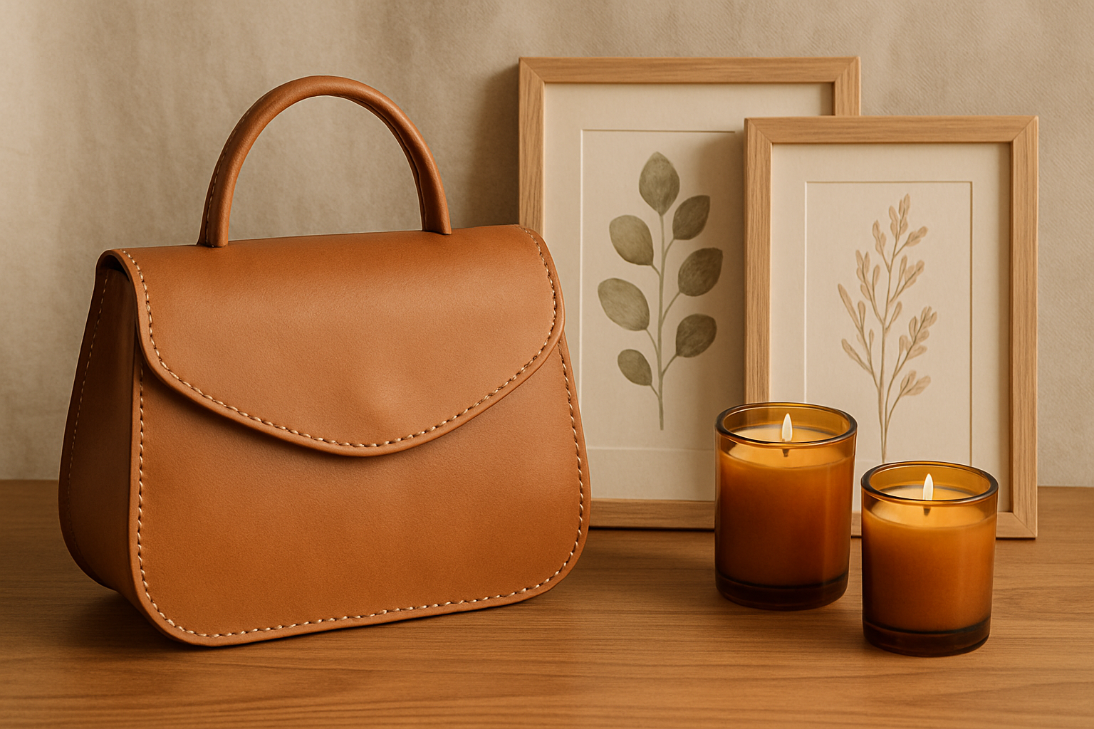 Warm artisan display with a tan leather bag, amber glass candles, and framed botanical prints on a wooden table