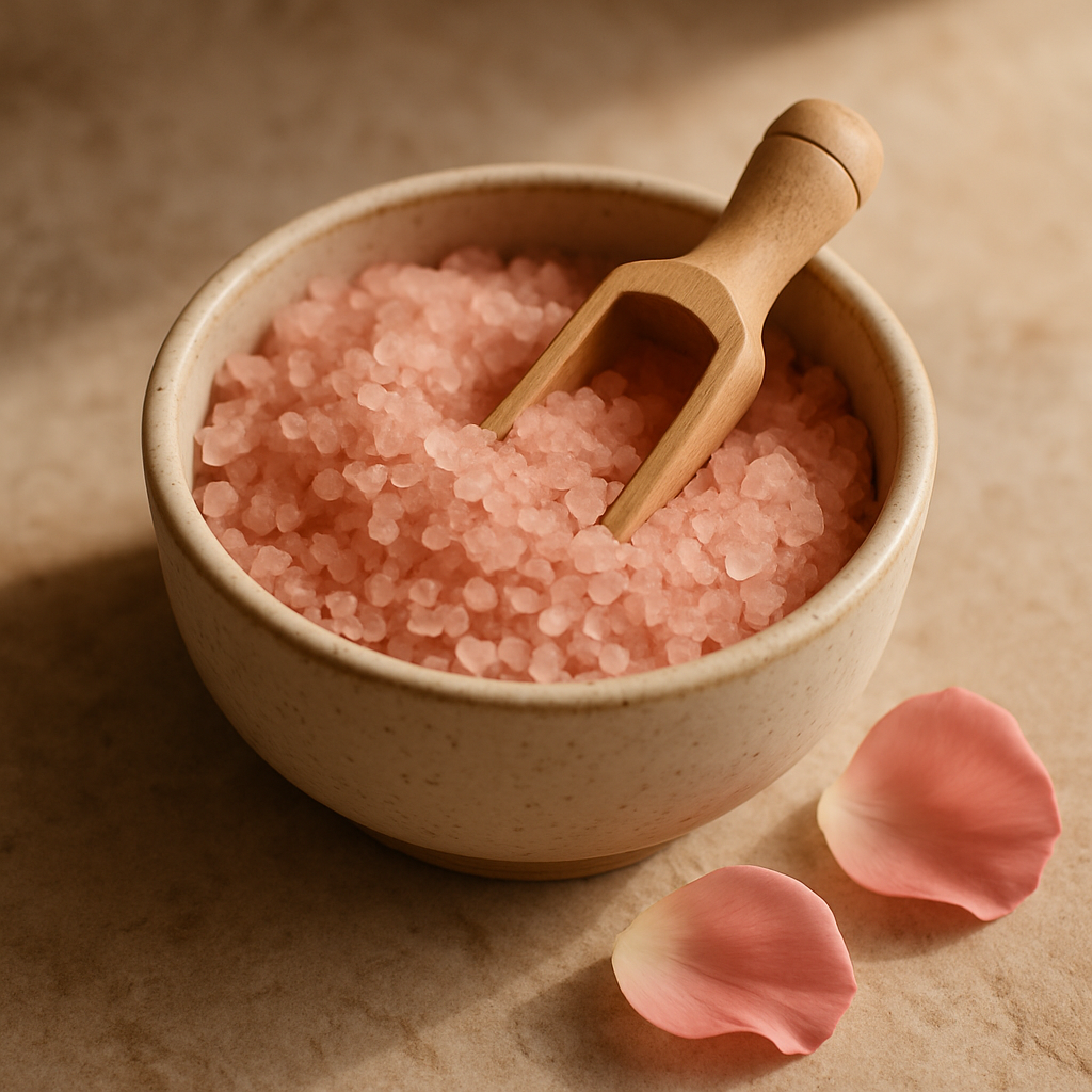 Ceramic bowl of pink mineral bath salts with a small wooden scoop