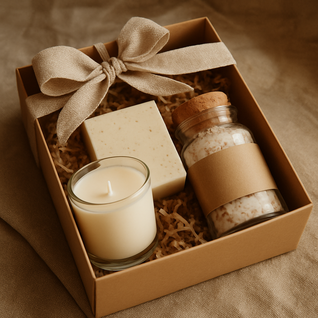 Curated gift set with a candle, soap, and bath salts tied with a linen ribbon