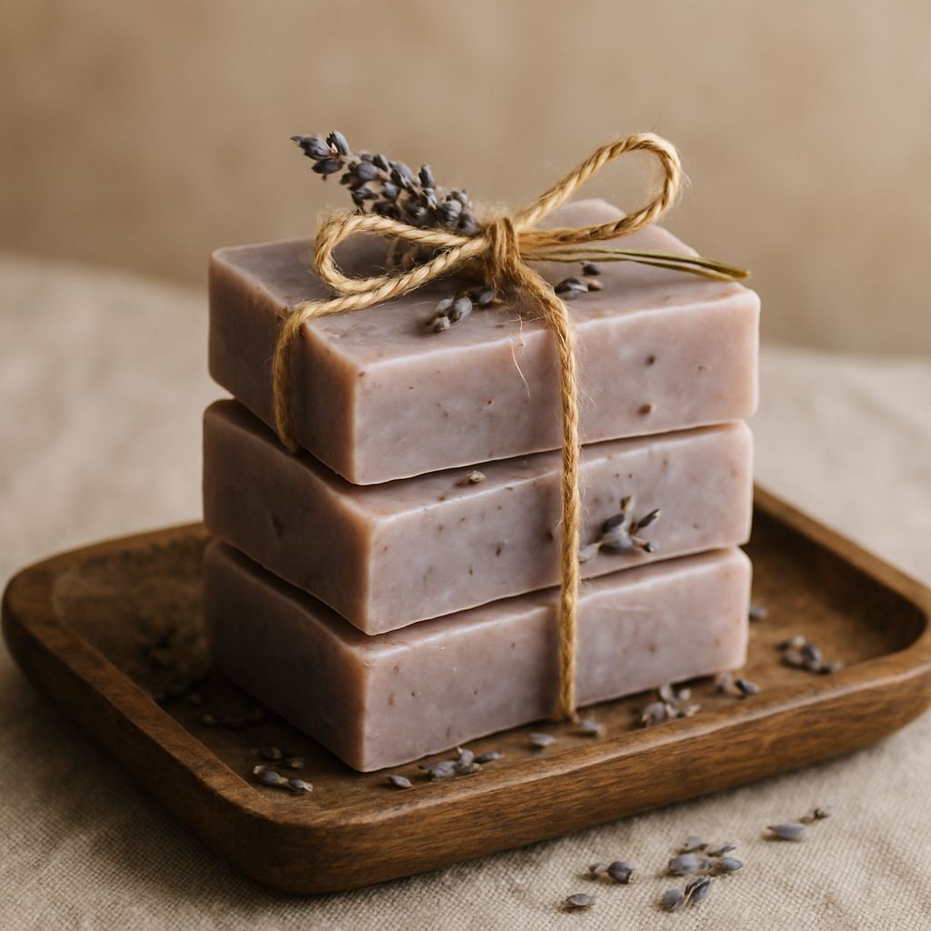 Stack of lavender handmade soap bars with dried flowers and a twine wrap