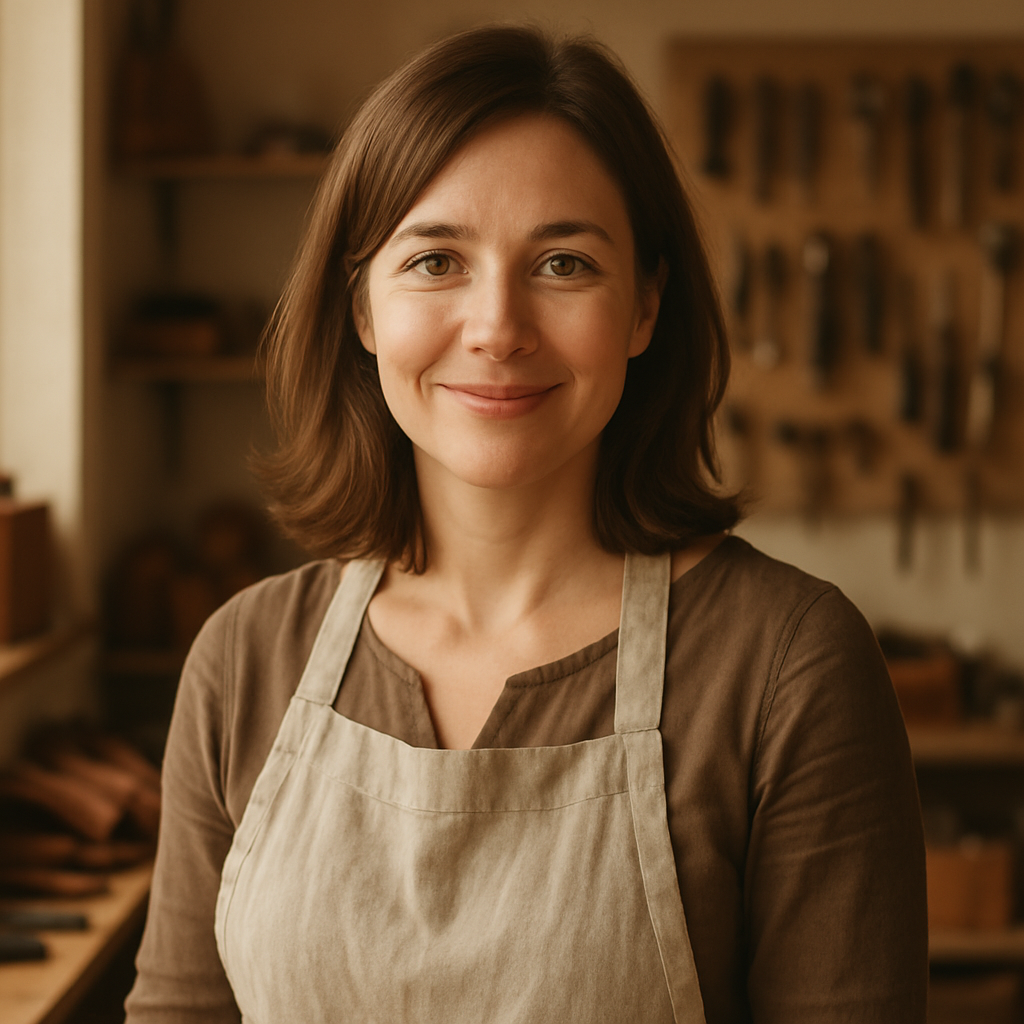 Warm portrait of a woman artisan with shoulder-length chestnut hair wearing a linen apron, standing in a cozy workshop with leather tools in the background