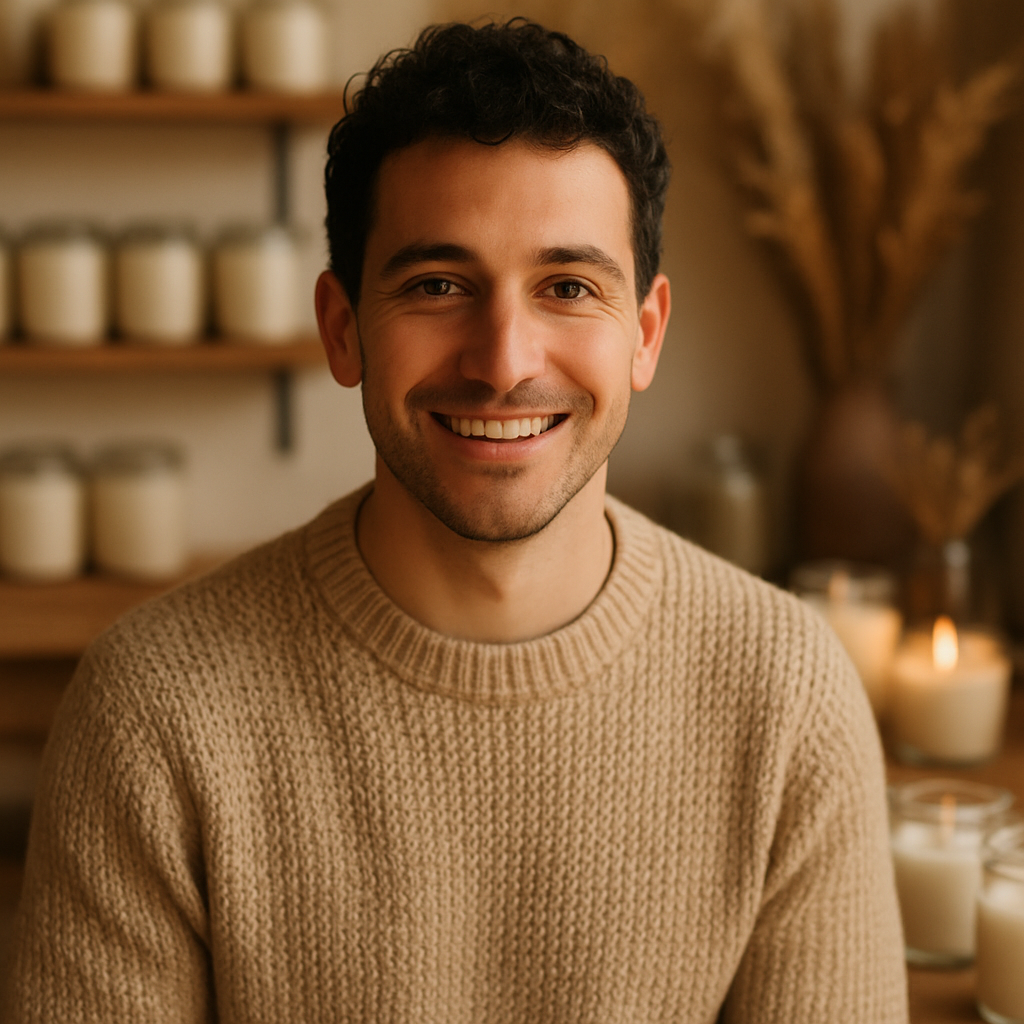 Portrait of a man with short curly dark hair and a soft knit sweater, smiling in a candle-making studio with jars and botanicals
