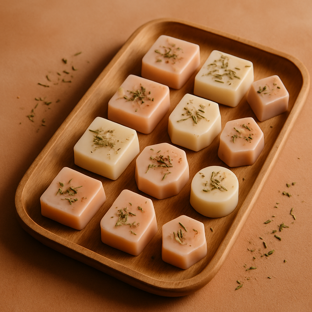 Tray of pastel wax melts in geometric shapes with dried herbs