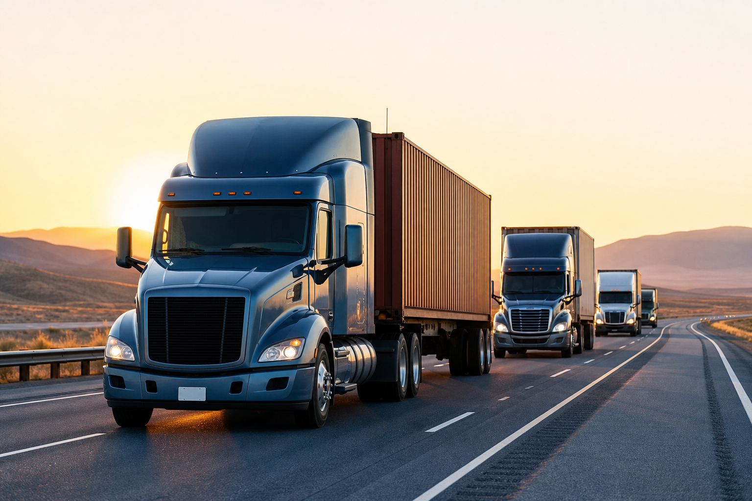 Convoy of modern semi-trucks hauling freight containers on a U.S. interstate at sunrise