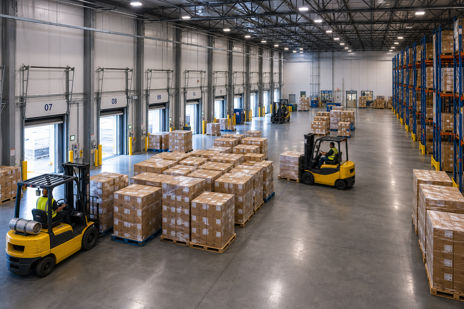 Large logistics warehouse with organized pallets, forklifts, and loading bays