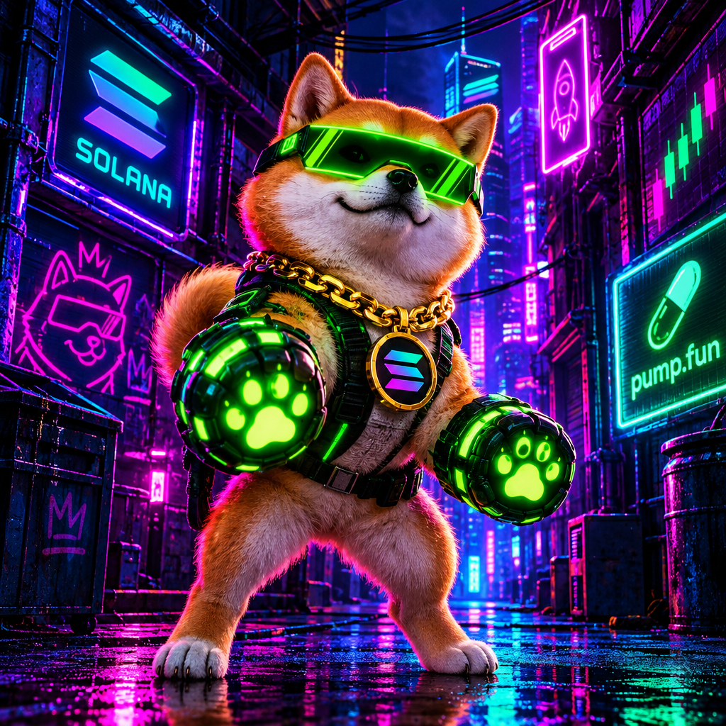 Small neon cyber-shiba mascot with electric green visor, chunky chain collar, and glowing paw gauntlets standing in a gritty Solana alley