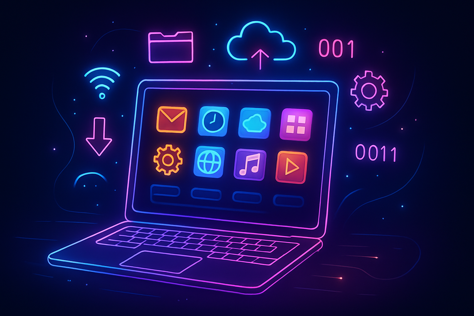 Laptop con pantalla colorida y apps digitales