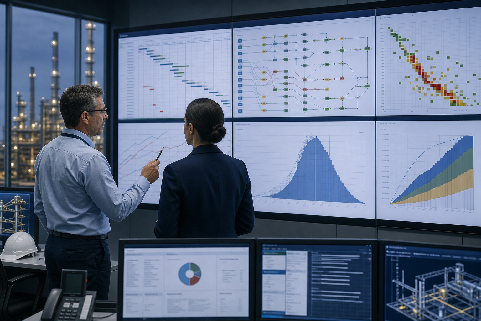 Industrial project control room with schedule and risk data displayed on large technical screens