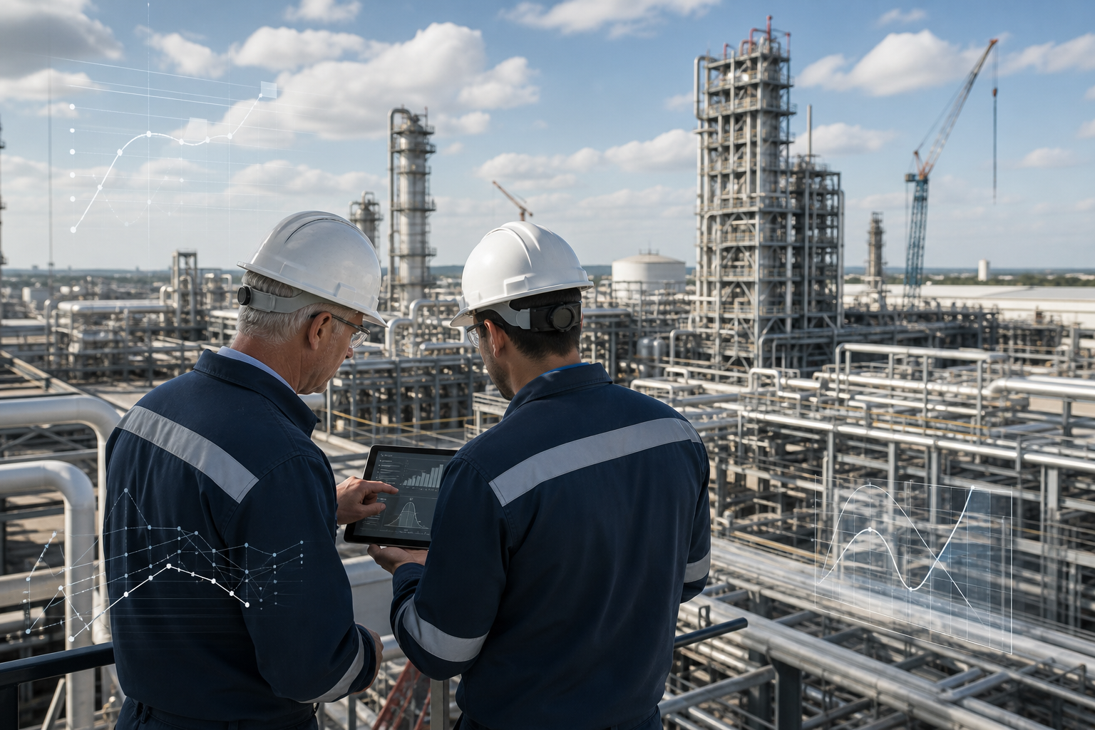 Industrial capital project site with process infrastructure and engineers reviewing controls data on a tablet
