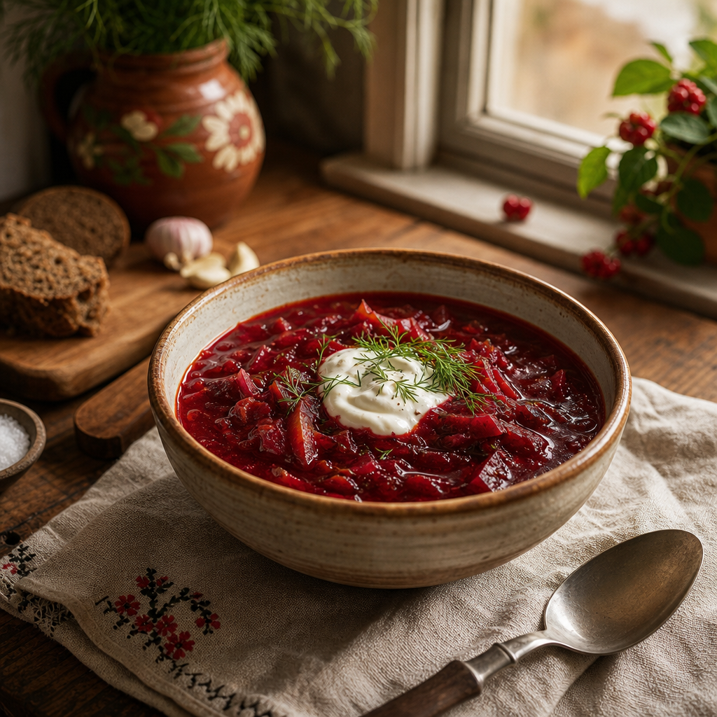 Deep red borshch in a ceramic bowl with herbs and a swirl of sour cream