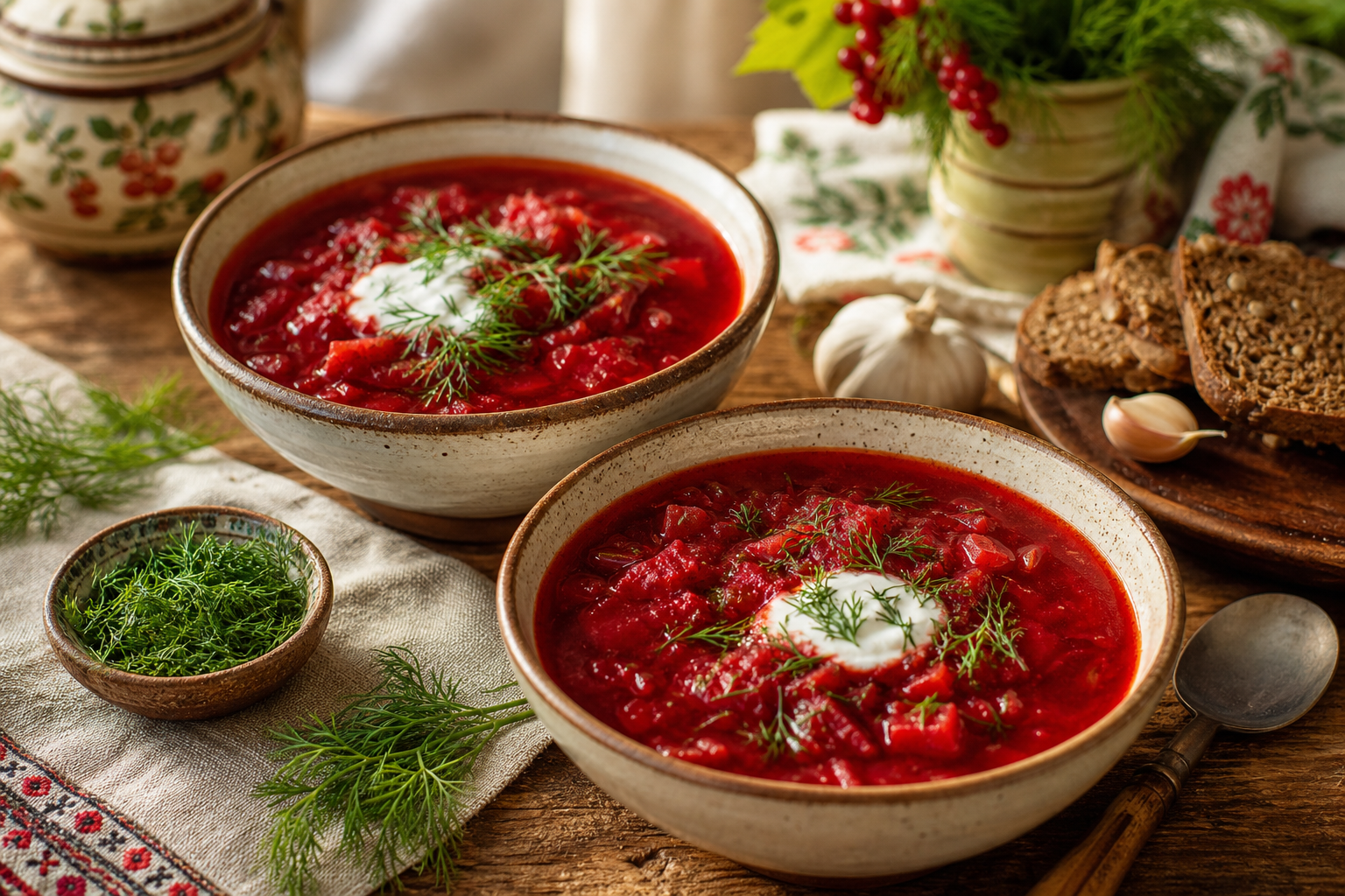 Two bowls of red soup topped with fresh herbs on a wooden table