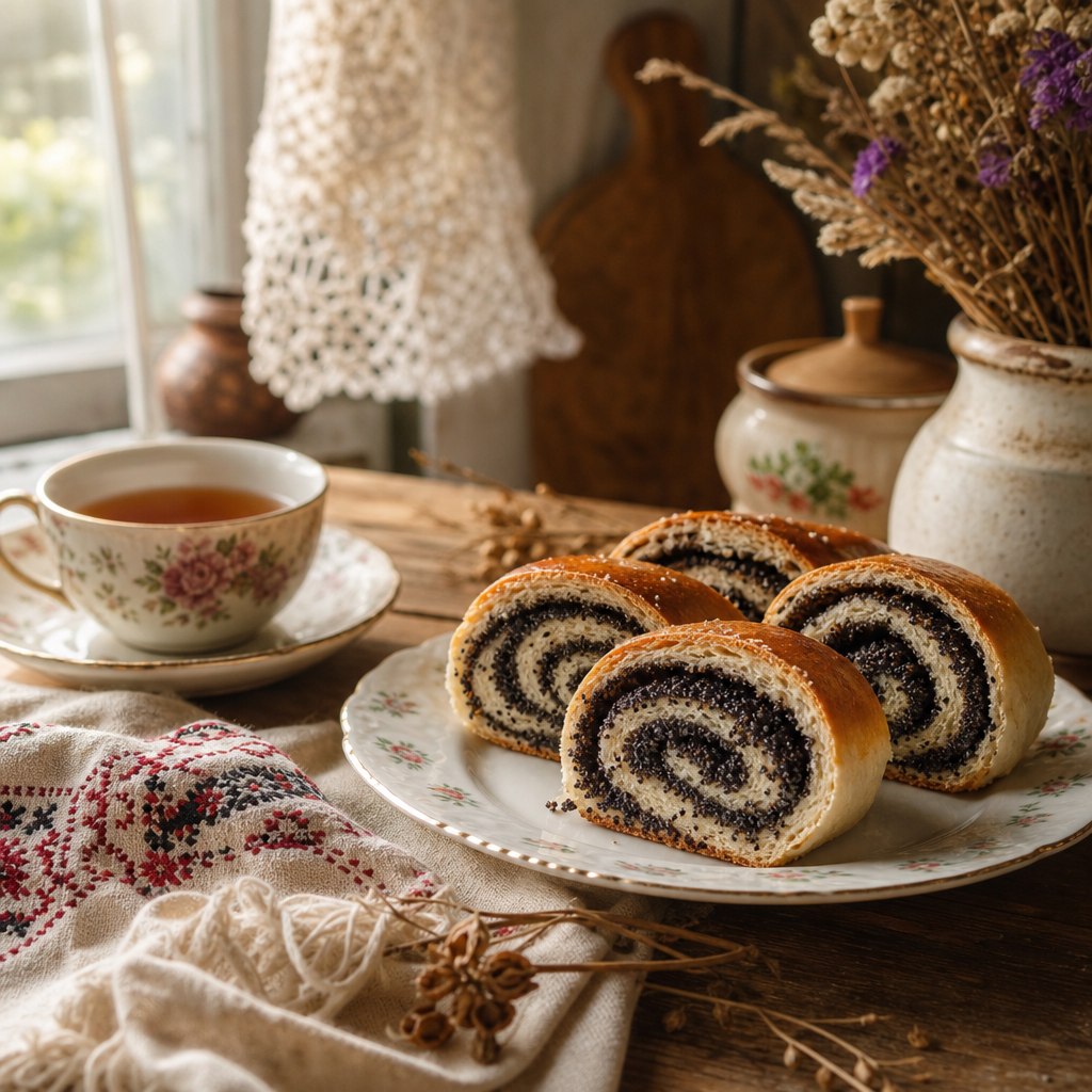 Cozy kitchen table with poppy seed rolls, a teacup, and a linen towel