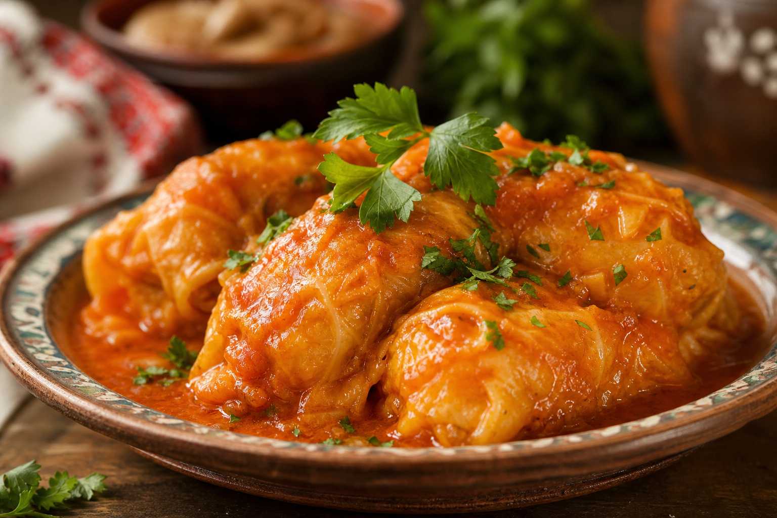 Close-up of a dish in orange-red sauce with fresh herbs