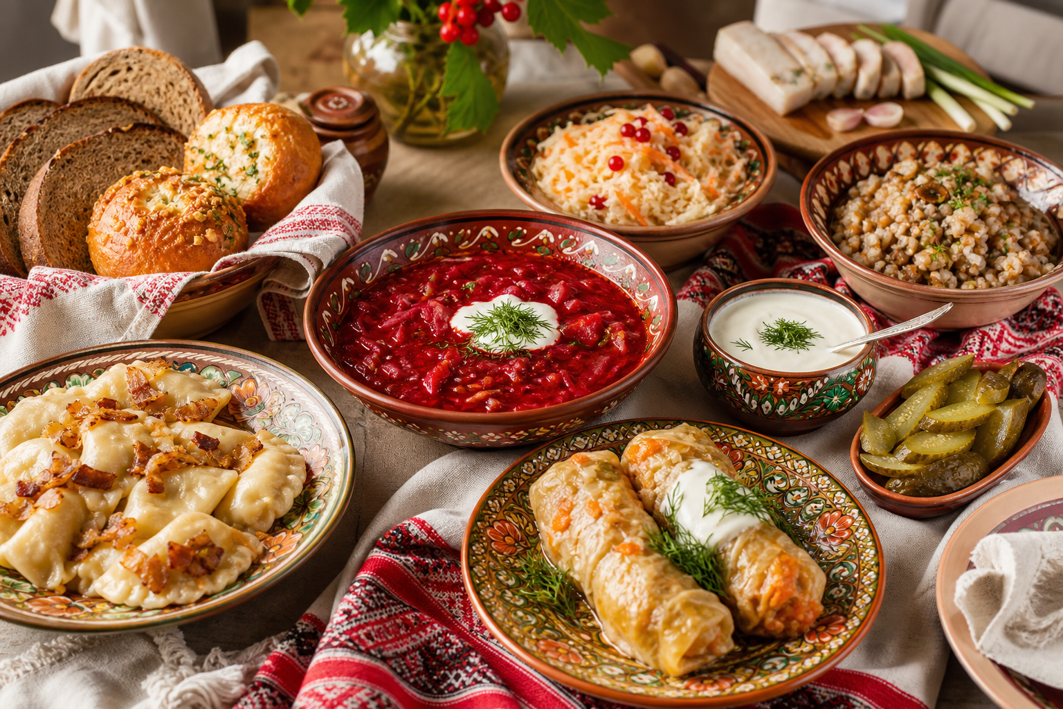 Tabletop spread of Ukrainian dishes with colorful ceramics and linens
