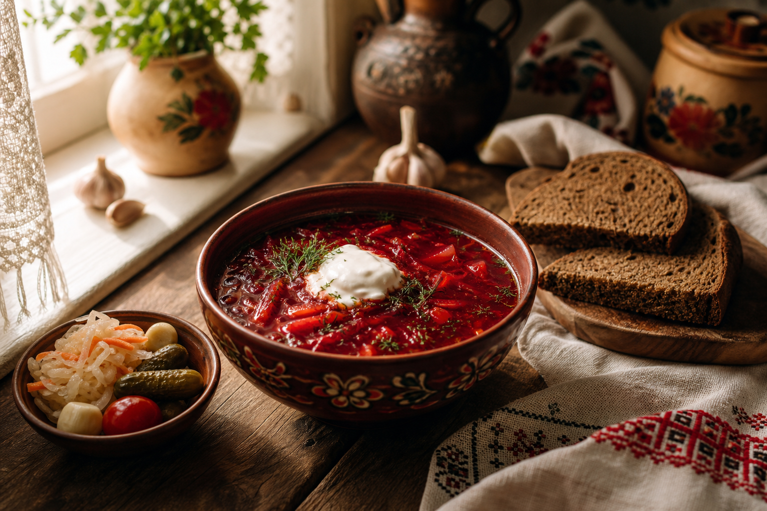 A cozy Ukrainian kitchen table with a bowl of borscht, slices of rye bread, and a linen towel