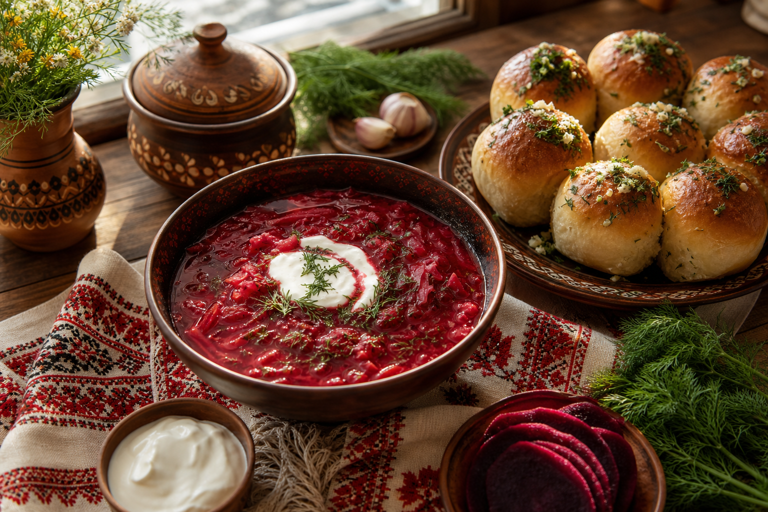 Rustic Ukrainian table spread with borscht, pampushky, and embroidered linens