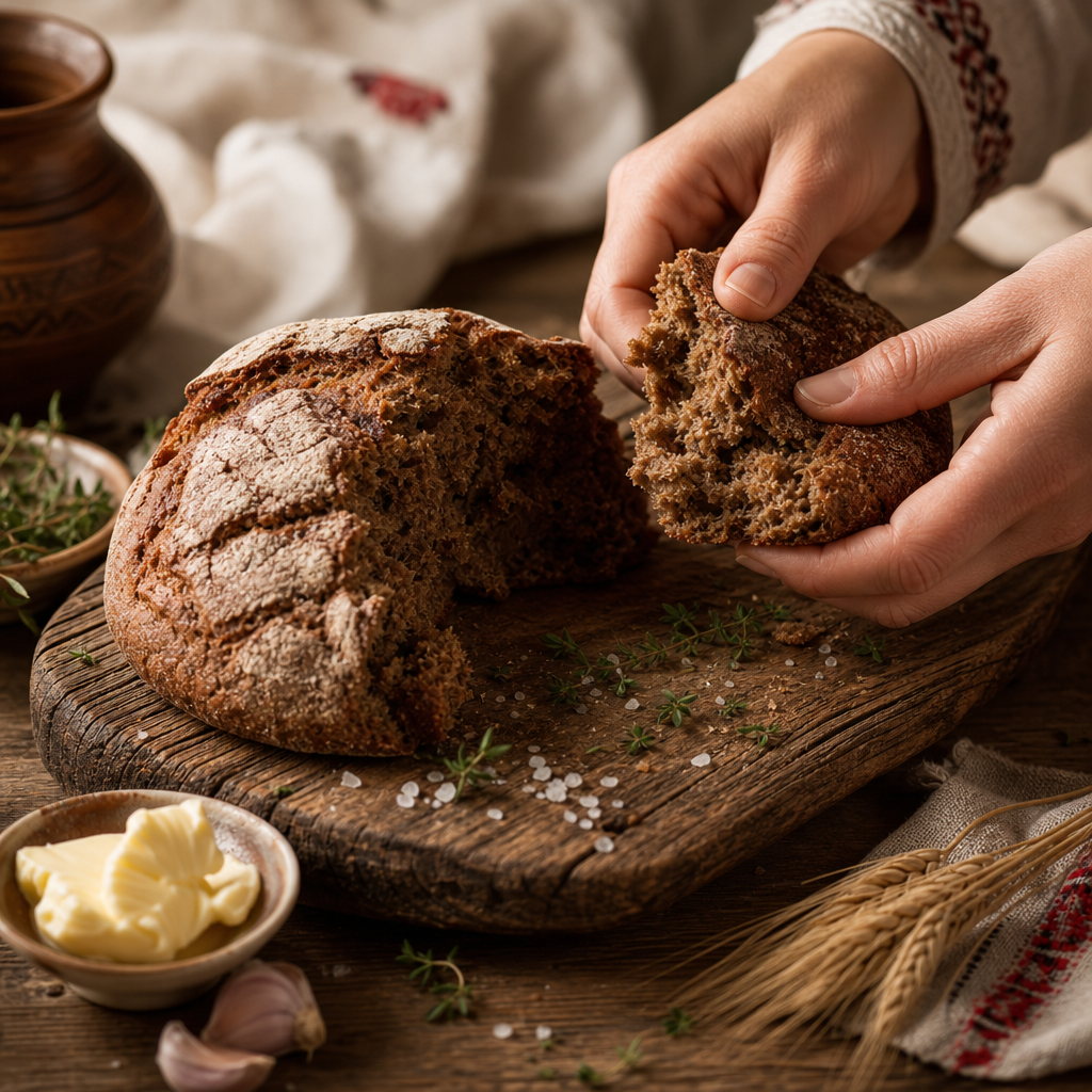 Hand-torn Ukrainian rye bread on a wooden board with herbs