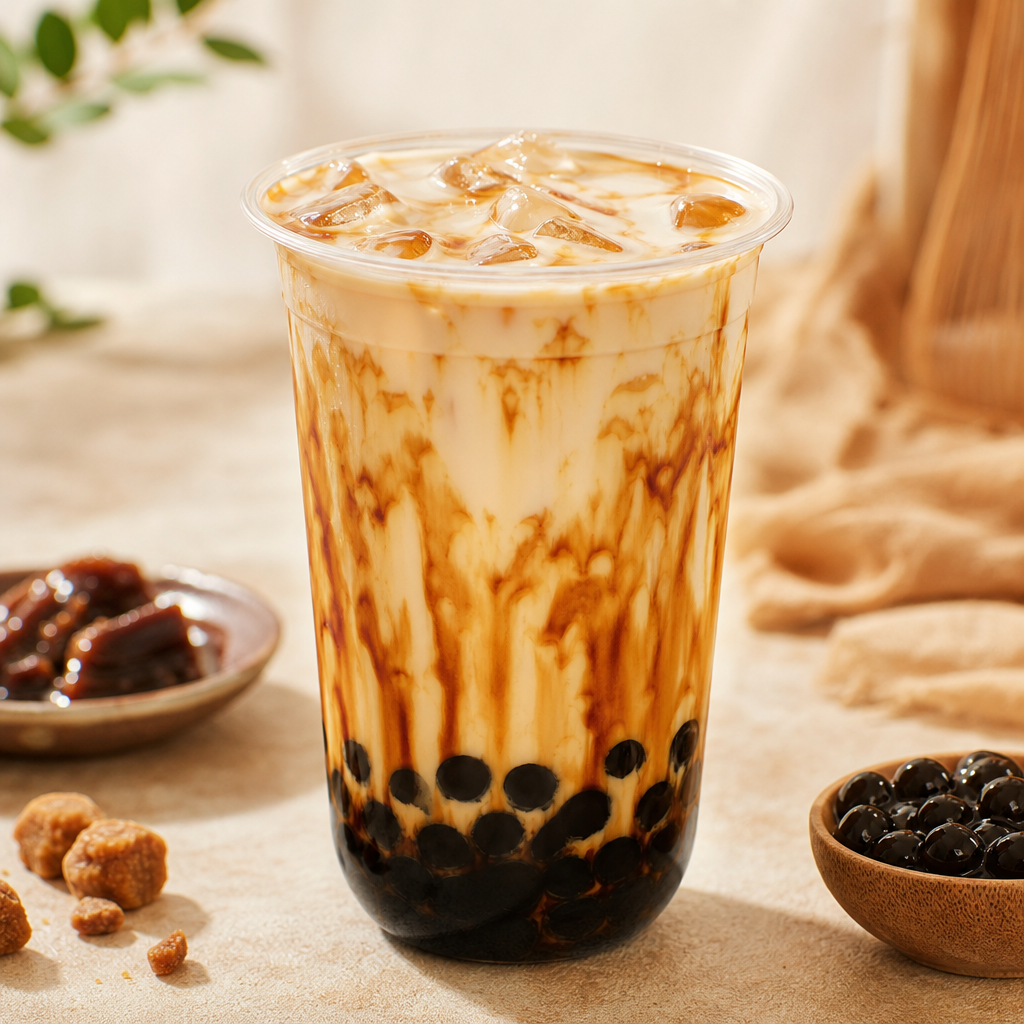 Brown sugar milk tea with caramel swirl and tapioca pearls