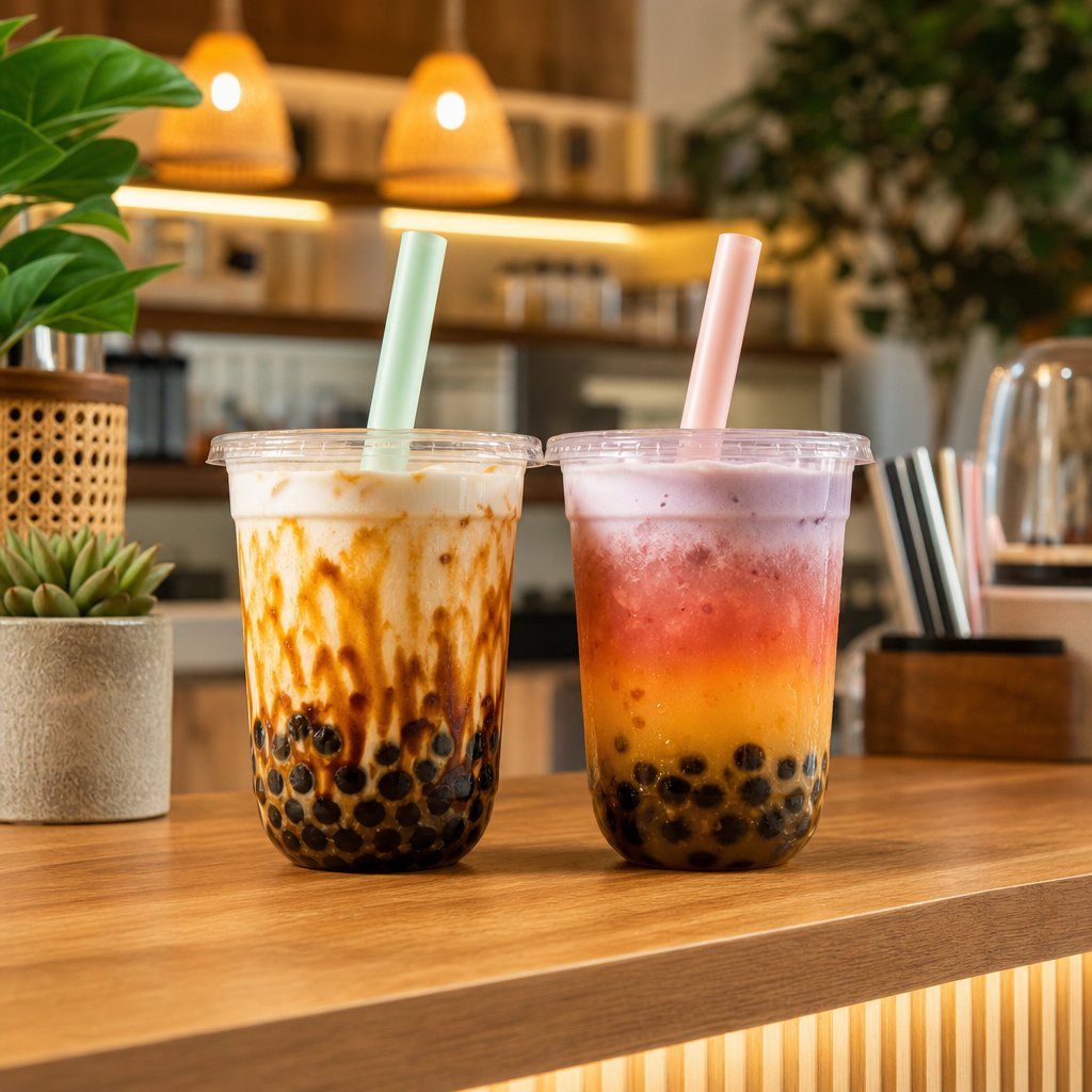 Two handcrafted bubble tea drinks in clear cups with tapioca pearls and pastel straws on a warm cafe counter