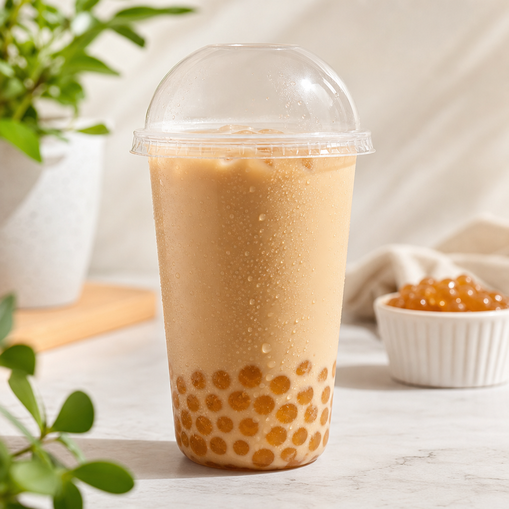 Classic milk tea with golden boba in a clear cup