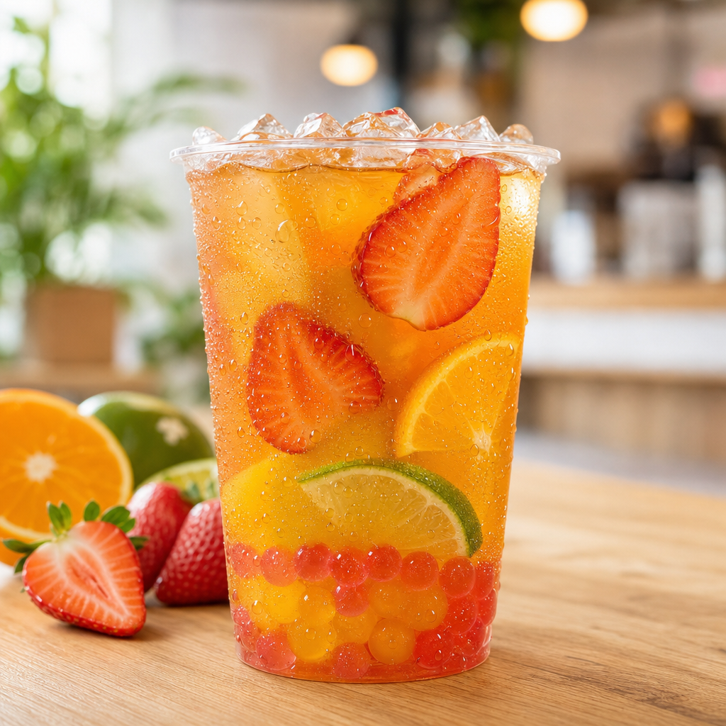 Iced fruit tea with strawberries, citrus, and popping boba