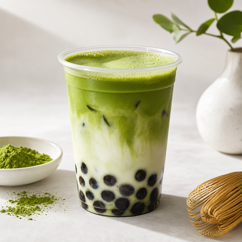 Matcha latte with creamy foam and boba pearls