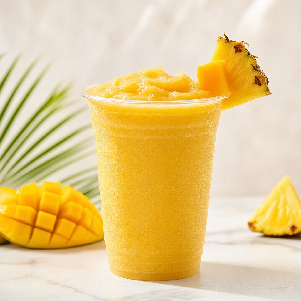 Tropical smoothie with mango and pineapple in a clear cup