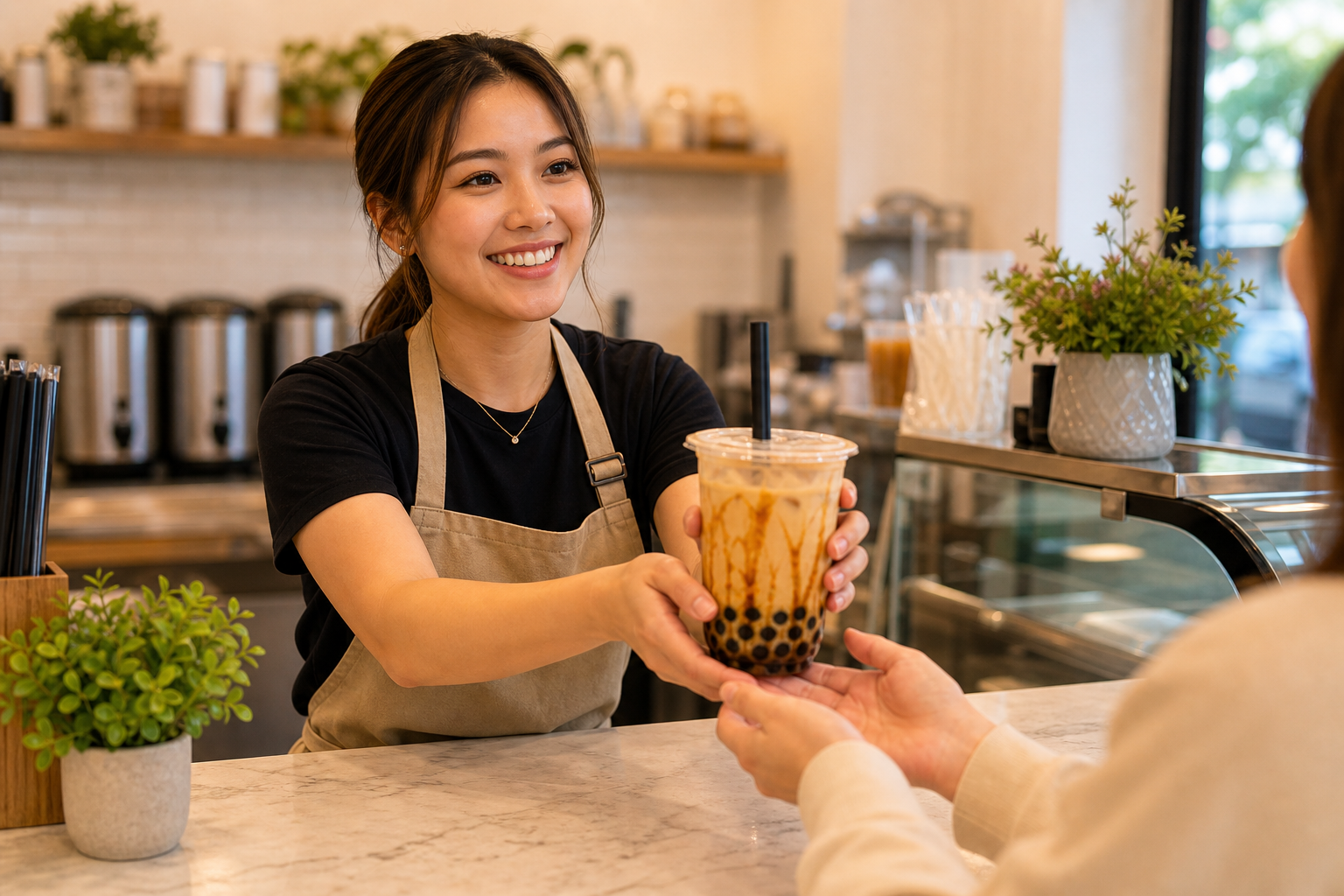 Smiling barista handing a brown sugar milk tea with tapioca pearls across a polished counter