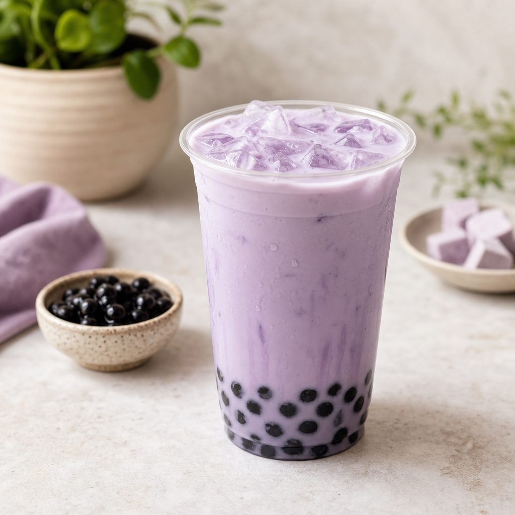 Taro milk tea with a lavender hue and boba pearls