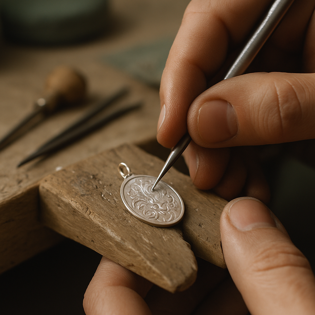 Close-up of a jeweler engraving a silver pendant